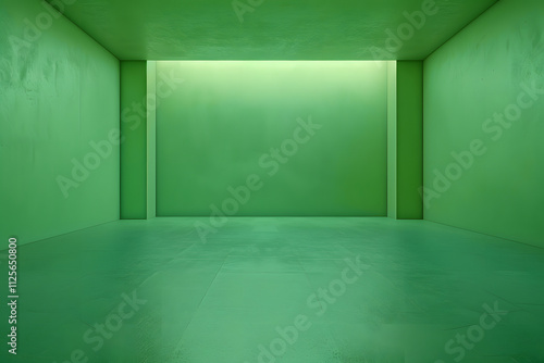 A minimalist green room with smooth walls and ambient lighting.