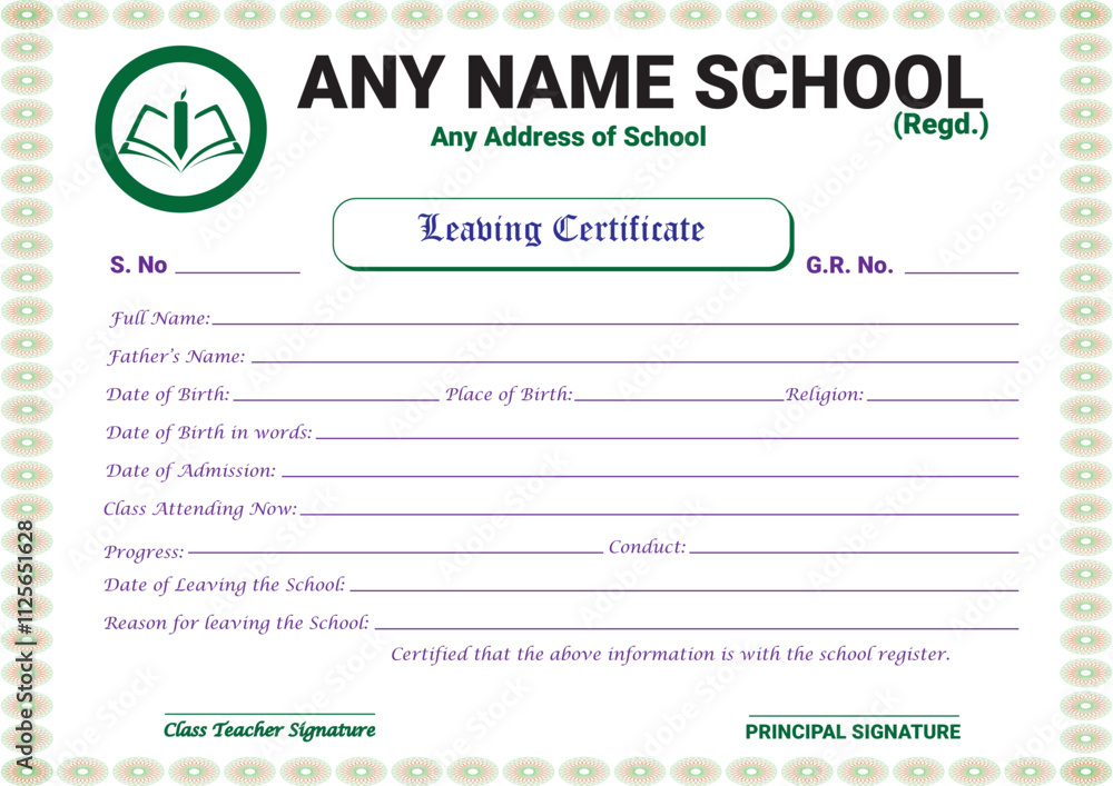 Fototapeta premium Any Name School Leaving Certificate layout template. Editable text