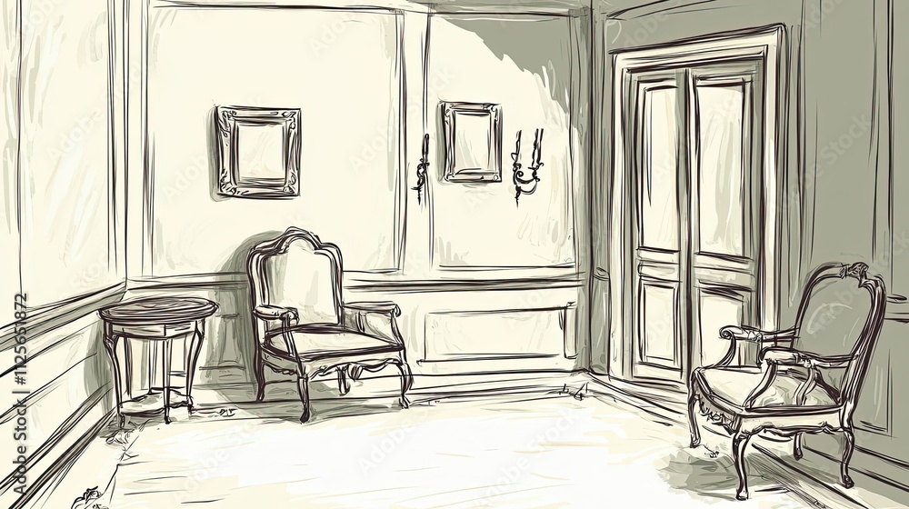 Elegant Room Sketch Showing Antique Chairs And Table Elegant Room Sketch Showing Antique Chairs And Table