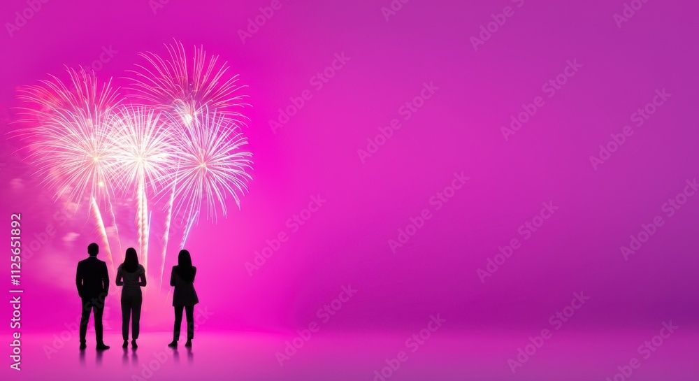 Three silhouettes watch fireworks against vibrant pink sky Three silhouettes watch fireworks against vibrant pink sky