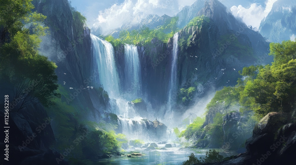 Serene Waterfall Paradise: A Majestic Mountain Oasis Serene Waterfall Paradise: A Majestic Mountain Oasis