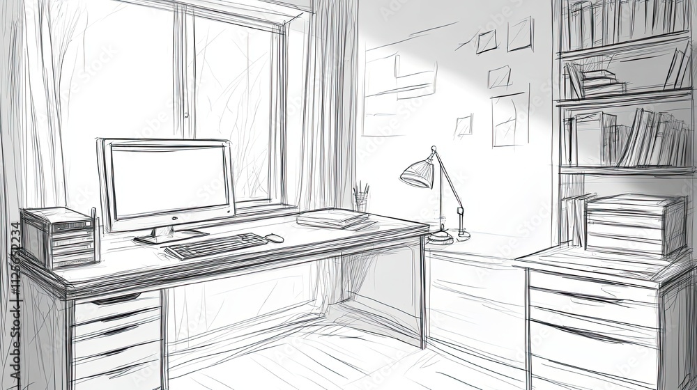 Sketch Design Of A Home Office Workspace With Computer And Bookshelves Sketch Design Of A Home Office Workspace With Computer And Bookshelves