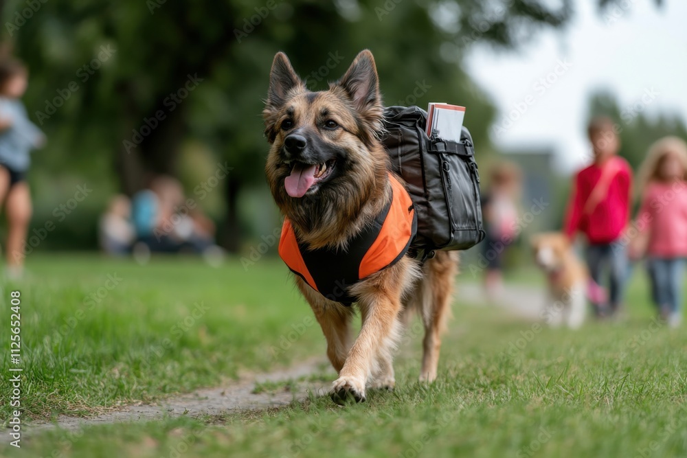 A cheerful dog wearing a backpack joyfully walks through the park, embodying a spirit of adventure and companionship surrounded by people enjoying their day. A cheerful dog wearing a backpack joyfully walks through the park, embodying a spirit of adventure and companionship surrounded by people enjoying their day.