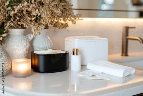 This image displays a sophisticated bathroom setup with delicate flowers, elegant toiletries, and soft candles creating a serene and inviting atmosphere for relaxation.