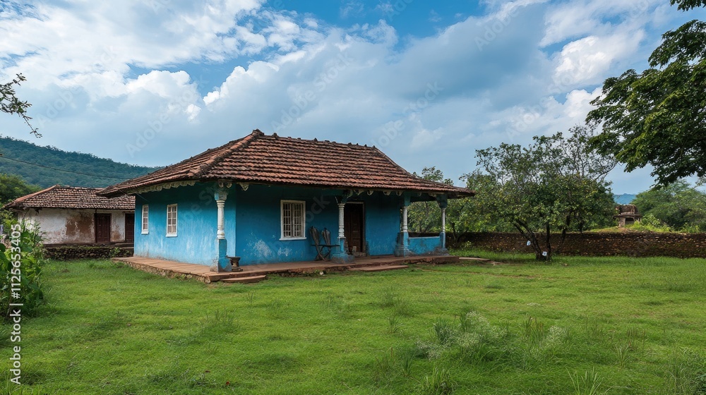 Green grass and a beautiful cloudy blue sky surround this traditional Indian village house. Green grass and a beautiful cloudy blue sky surround this traditional Indian village house.