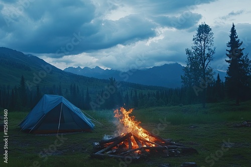 Bonfire burning in tourist camp in mountains. Beautiful campfire, burning wood by tent in summer evening. Active lifestyle, traveling, hiking and camping concept. Campfire burning in slow motion photo