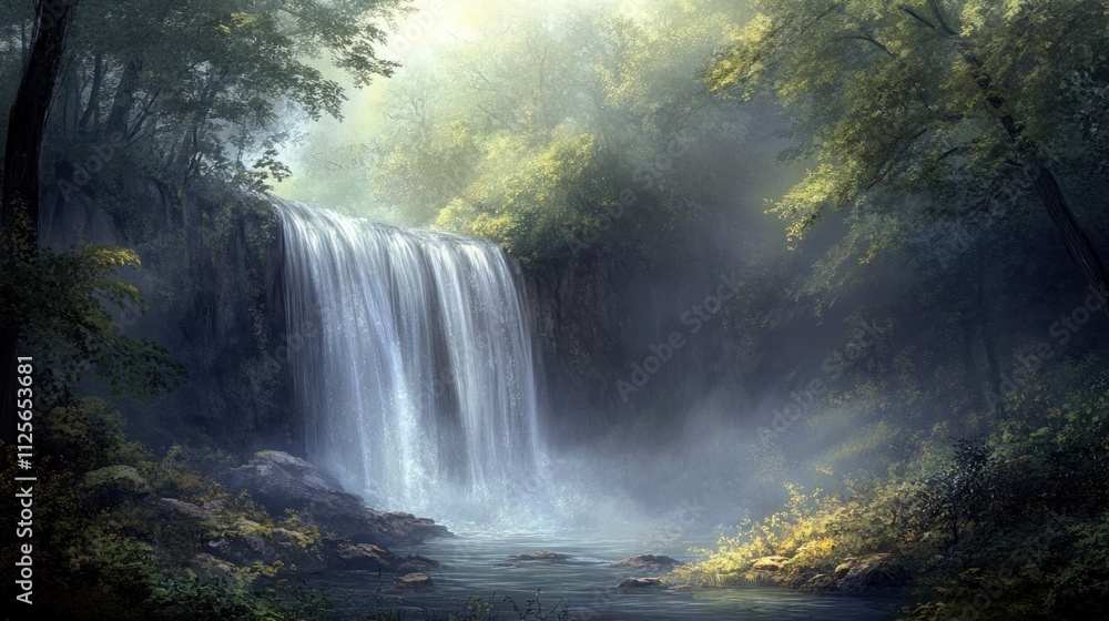 Serene Waterfall in Misty Forest: A Tranquil Escape Serene Waterfall in Misty Forest: A Tranquil Escape