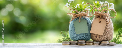 Two decorative bags with plants on stack of coins, symbolizing savings and growth. soft focus background adds serene touch to financial theme photo