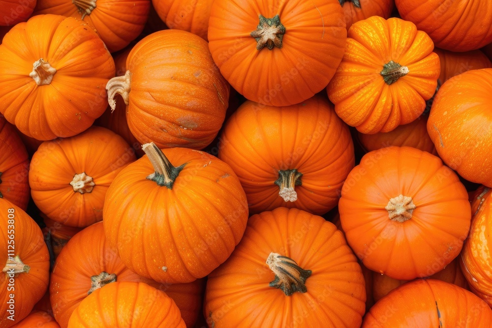 close-up of a pile of bright orange pumpkins, arranged tightly together close-up of a pile of bright orange pumpkins, arranged tightly together