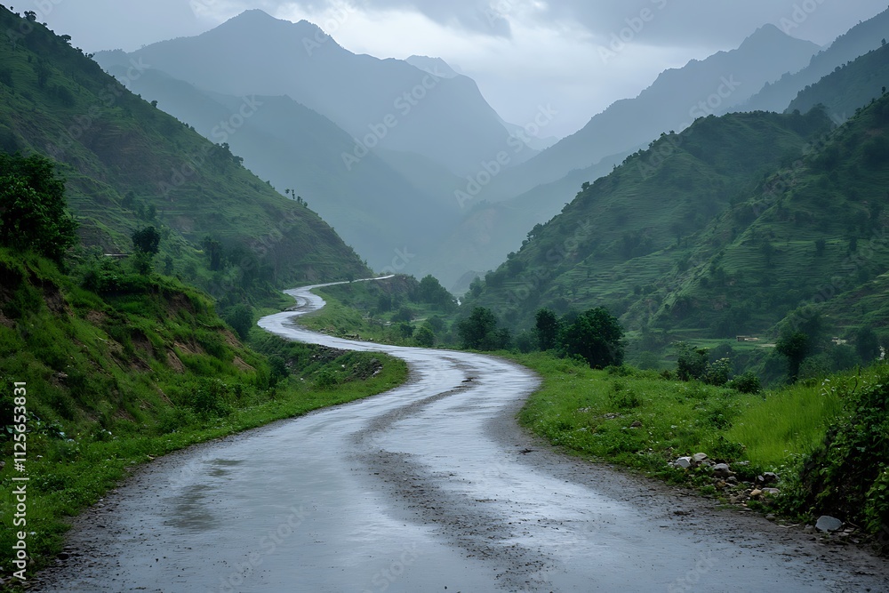 A winding road through lush green mountains under a cloudy sky. A winding road through lush green mountains under a cloudy sky.