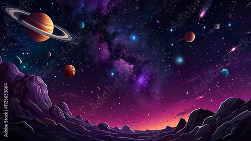 Space galaxy background with saturn planet and asteroids, cartoon universe texture. Vector starry futuristic surface with purple nebula, cosmos dust scenery. Deep purple sky with stars and planets
