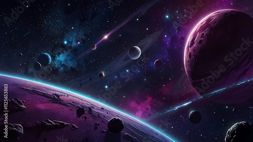 Wallpaper Mural Space galaxy background with saturn planet and asteroids, cartoon universe texture. Vector starry futuristic surface with purple nebula, cosmos dust scenery. Deep purple sky with stars and planets
 Torontodigital.ca