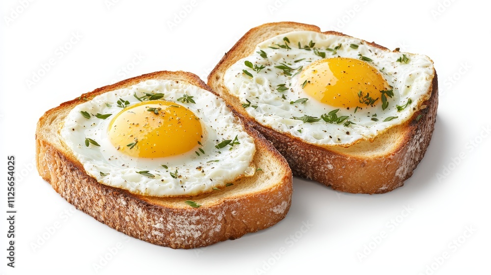 Close-up crispy toast topped with fried eggs, garnished with fresh herbs, isolated on white, gourmet healthy breakfast concept Close-up crispy toast topped with fried eggs, garnished with fresh herbs, isolated on white, gourmet healthy breakfast concept