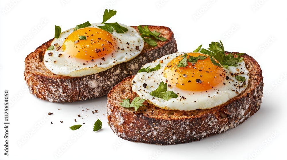 Close-up crispy toast topped with fried eggs, garnished with fresh herbs, isolated on white, gourmet healthy breakfast concept Close-up crispy toast topped with fried eggs, garnished with fresh herbs, isolated on white, gourmet healthy breakfast concept