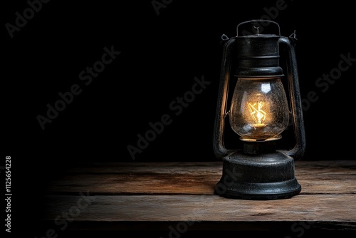 Hurricane Lantern Lighting up the Dark on a Wooden Table and with a Dark Background, Warm Reflecting light 