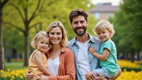 Fototapeta Naklejka Na Ścianę i Meble -  A cheerful family portrait in a park with a father, mother, and two kids, surrounded by vibrant green trees and flowers. Generative, AI.