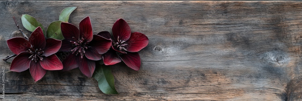 Dark Red Flowers on Rustic Wooden Background Dark Red Flowers on Rustic Wooden Background