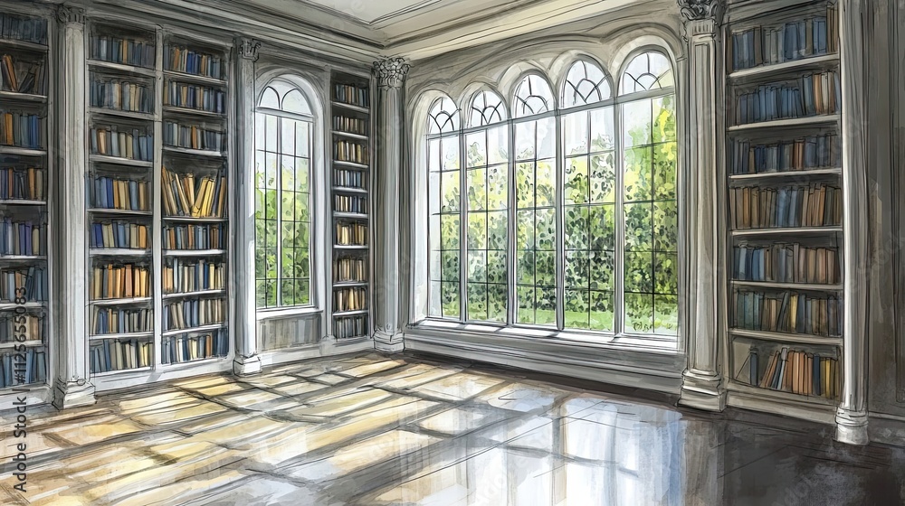 Serene Library Room With Large Windows and Bookshelves Serene Library Room With Large Windows and Bookshelves