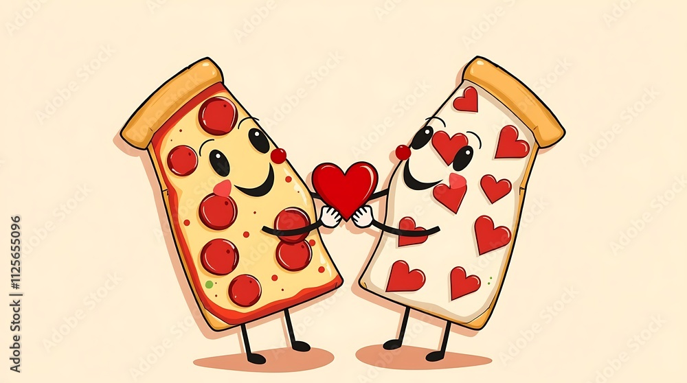 Two cartoon slices of pizza, each with a heart-shaped topping, are depicted as lovers in a fun and playful Valentine's Day pizzeria concept. The scene radiates love, humor, and deliciousness