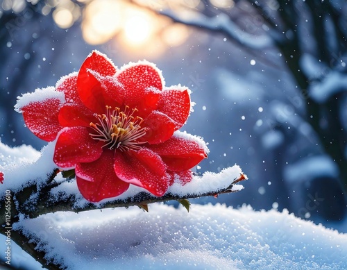 Red rose dusted with snow at sunrise.