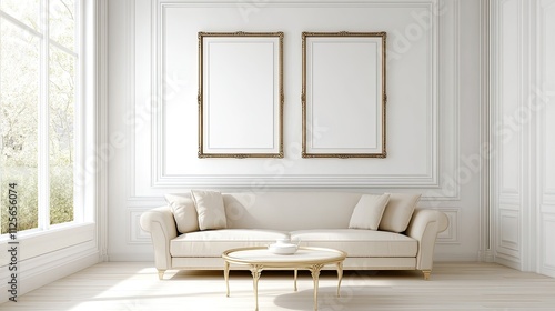 wall art mockup living room photo with just two  same sized  blank empty basic black frame modern picture frames hanging on a white wall. in modern house interior
 photo