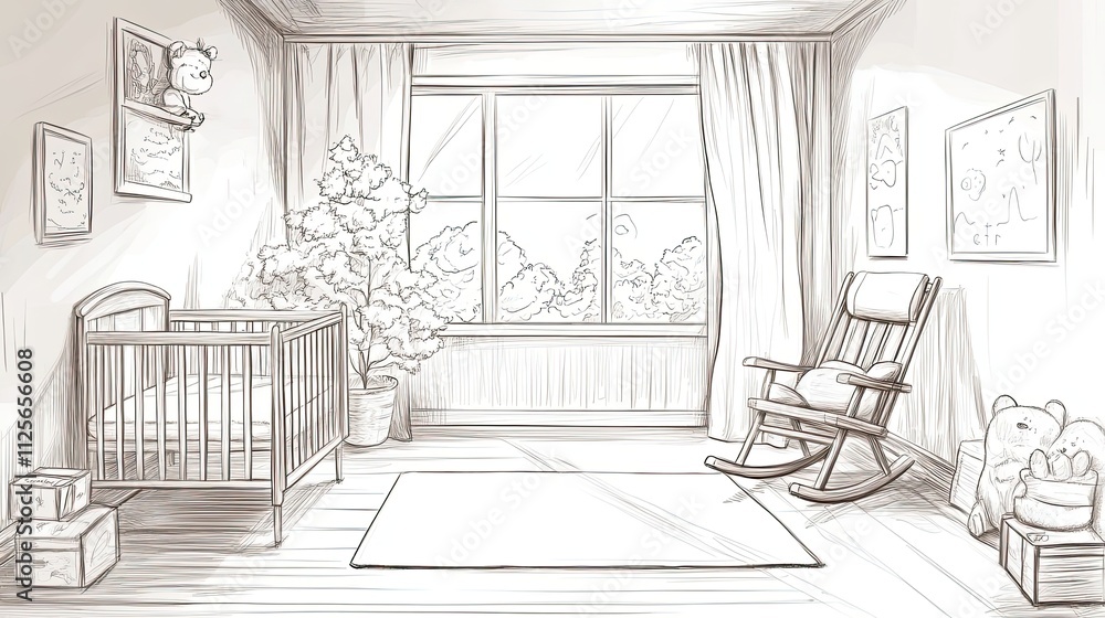 Sketch of a serene nursery room with crib and rocking chair Sketch of a serene nursery room with crib and rocking chair