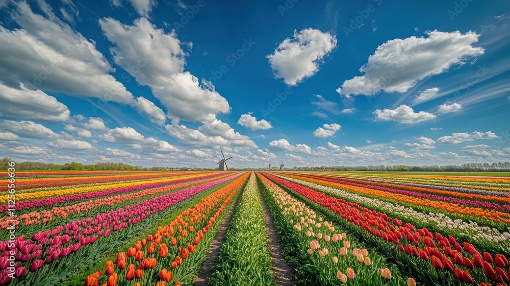 Vibrant tulip fields, windmills, sunny sky. Vibrant tulip fields, windmills, sunny sky.