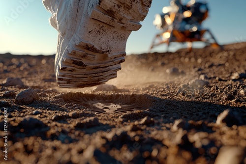 A close-up of a lunar footprint surrounded by scattered dust, with a lunar lander illuminated by soft sunlight, highlighting the contrasts of space's unique textures and colors. photo