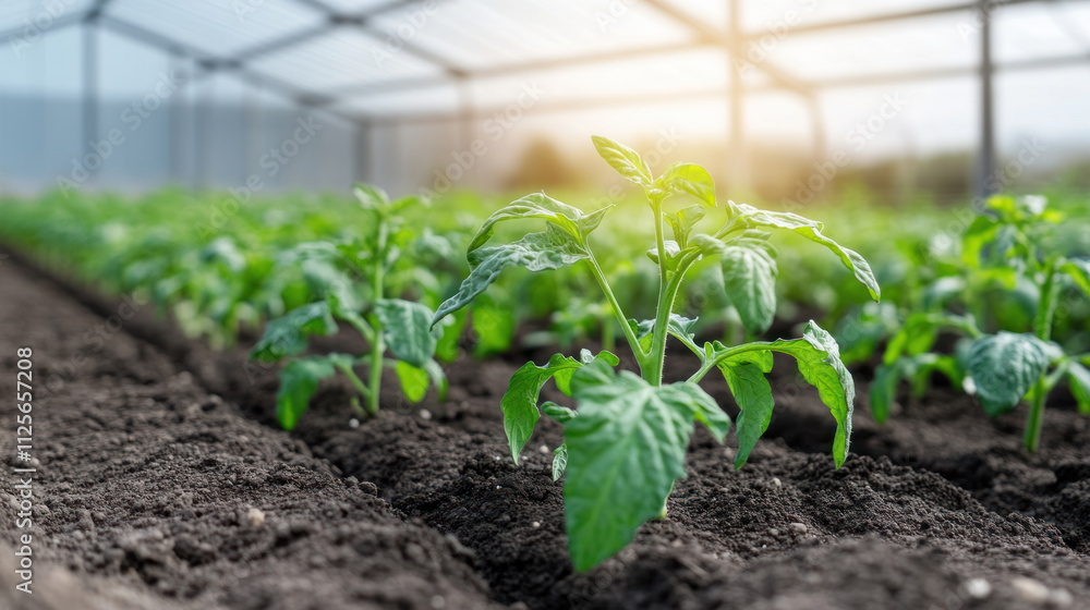 Organic tomatoes plant in row at modern automated greenhouse system Organic tomatoes plant in row at modern automated greenhouse system