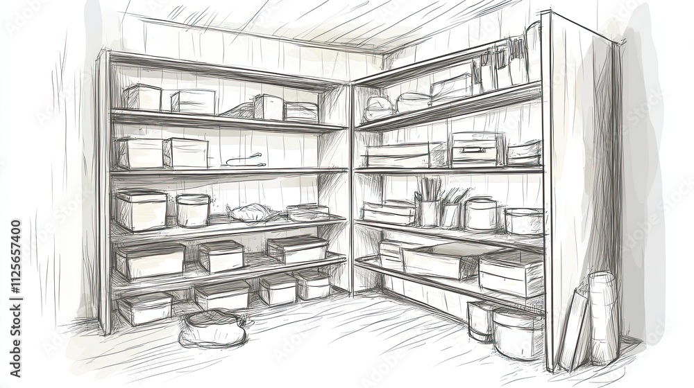 Sketch of a well organized storage room with shelves Sketch of a well organized storage room with shelves