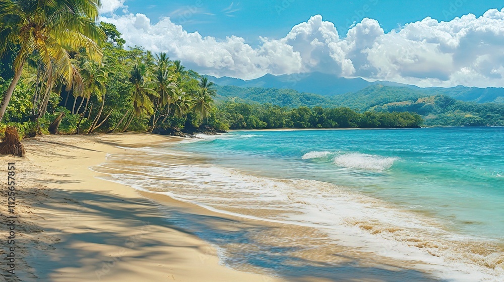 Serene Tropical Paradise with Soft Waves and Clear Blue Sky Serene Tropical Paradise with Soft Waves and Clear Blue Sky