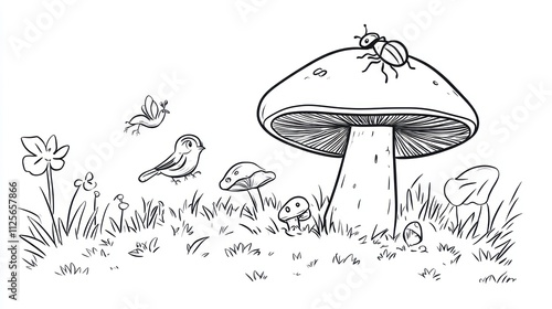 Line art of a mushroom, insects, bird, and flowers in a grassy field. photo