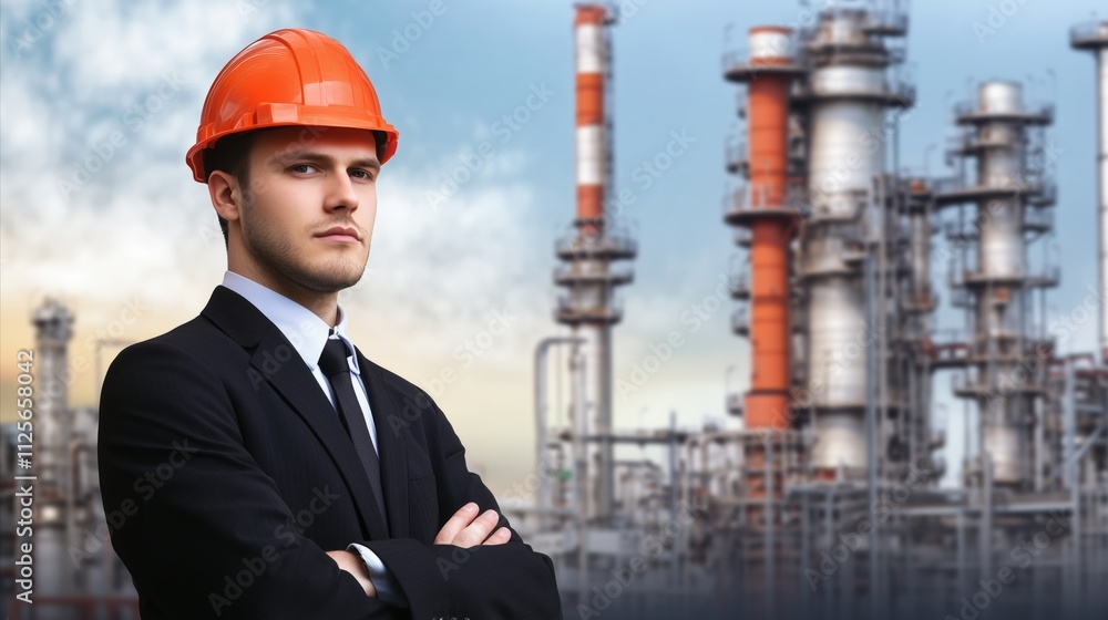 Man in a suit and tie stands in front of a large industrial plant Man in a suit and tie stands in front of a large industrial plant