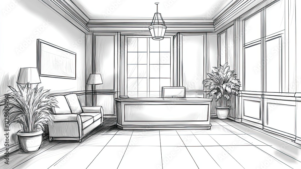 Elegant Reception Area Design Sketch Showing a Modern Office Space Elegant Reception Area Design Sketch Showing a Modern Office Space