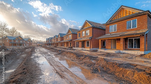 New residential construction site with unfinished homes.
