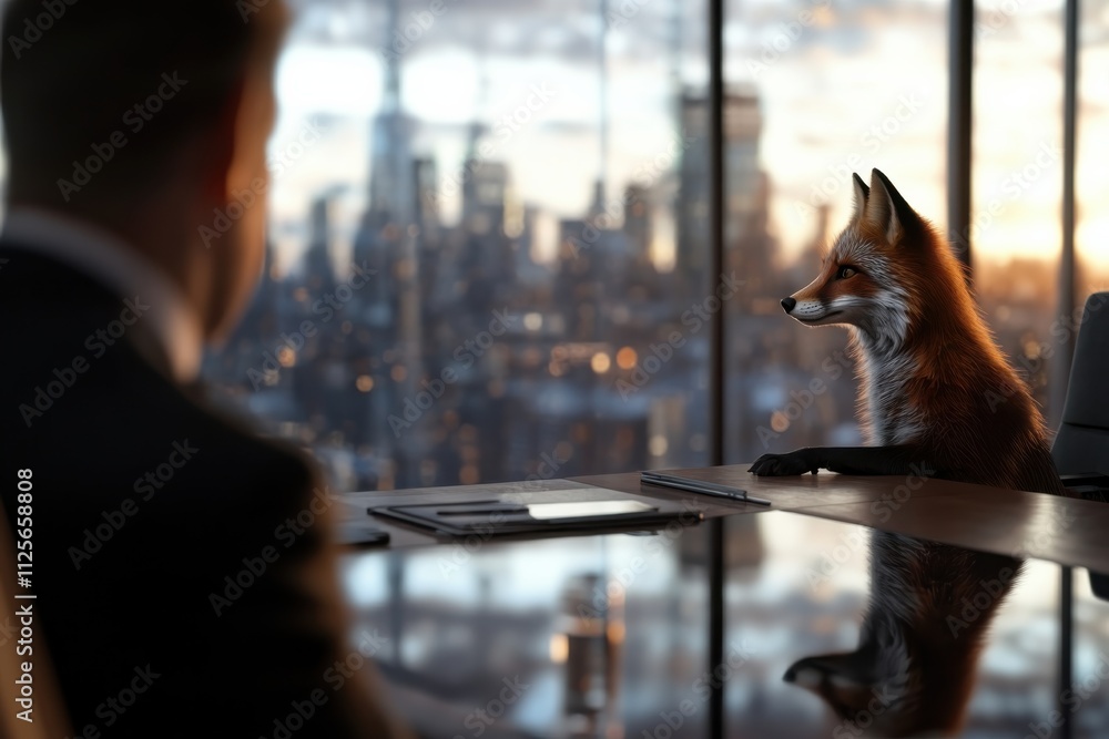 A charming depiction of a fox in business attire, gazing out at a vibrant sunset over the city, encapsulating tranquility and introspection in a corporate context. A charming depiction of a fox in business attire, gazing out at a vibrant sunset over the city, encapsulating tranquility and introspection in a corporate context.