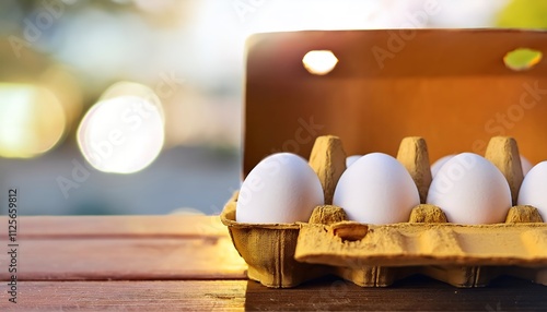 Six fresh white eggs sit in a cardboard container on a wooden table.  The setting is outdoors with a bright, sunny background. photo