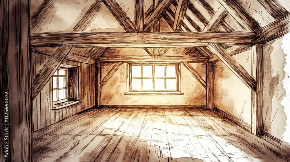A Sketch of an Empty Rustic Attic Room A Sketch of an Empty Rustic Attic Room