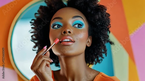 Wallpaper Mural Confident woman perfecting makeup with vibrant lipstick in colorful setting Torontodigital.ca