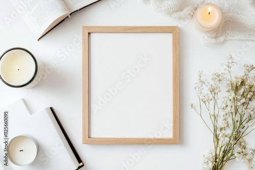 A minimalist workspace with a blank frame, candles, and decorative elements.