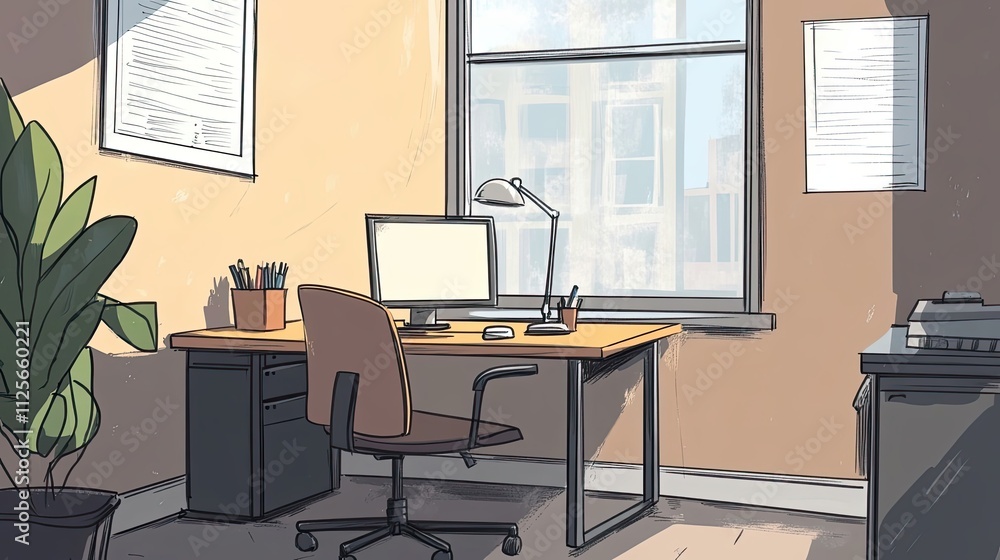 Sunlit Office Workspace With Computer And Plant Sunlit Office Workspace With Computer And Plant