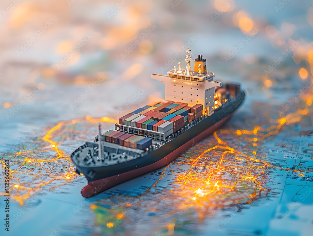 Fototapeta premium A model cargo ship on a map, symbolizing global trade and logistics.