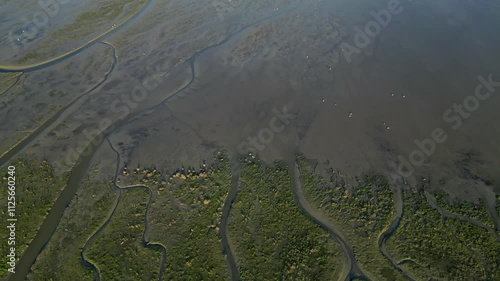 Aerial footage of the tidal streams of the Slurfter, Rotterdam, The Netherlands