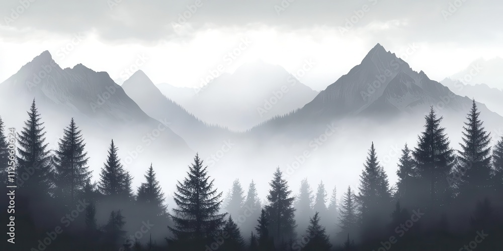 Obraz premium A misty mountain landscape with dense evergreen trees and layered peaks in the background.