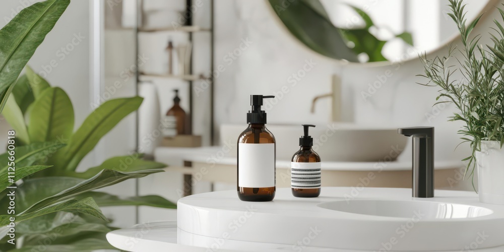 A modern bathroom scene featuring decorative bottles on a sink with greenery. A modern bathroom scene featuring decorative bottles on a sink with greenery.