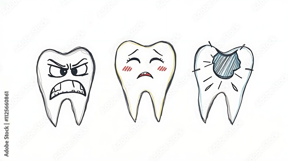 Three cartoon teeth with cracks and expressions of pain symbolize dental issues. Three cartoon teeth with cracks and expressions of pain symbolize dental issues.