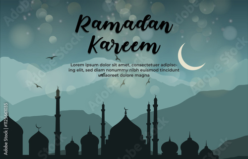 ramadan kareem 2025 template banner with beautiful islamic ornament with blue background design 047