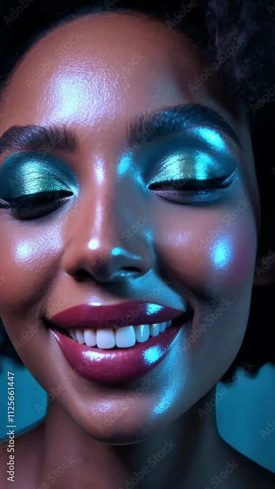 Vibrant makeup glow: expressive beauty with shimmering blues and radiant smile Vibrant makeup glow: expressive beauty with shimmering blues and radiant smile
