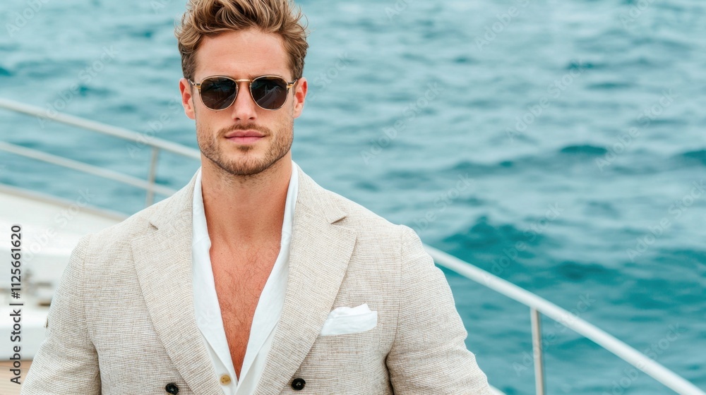 Attractive person and beauty poise, A stylish man in sunglasses poses confidently on a yacht, against a backdrop of vibrant blue ocean waters. Attractive person and beauty poise, A stylish man in sunglasses poses confidently on a yacht, against a backdrop of vibrant blue ocean waters.