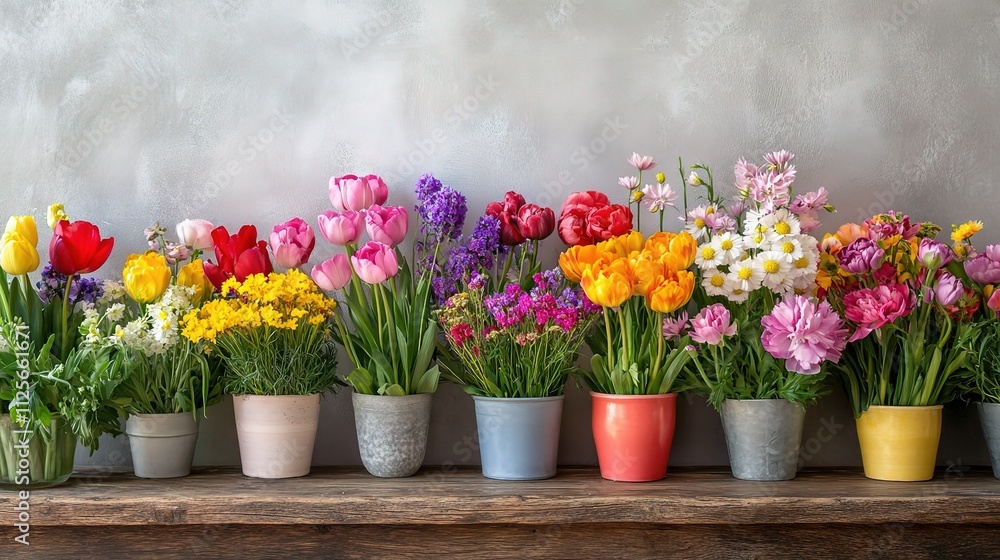 Vibrant Flowers on Wooden Table Against Soft Gray Background Vibrant Flowers on Wooden Table Against Soft Gray Background